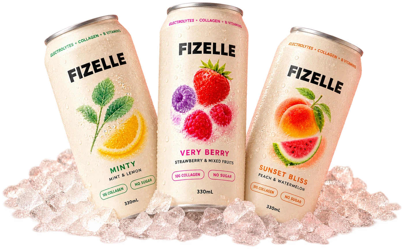 Minty, Very Berry and Sunset Bliss cans resting in crushed ice